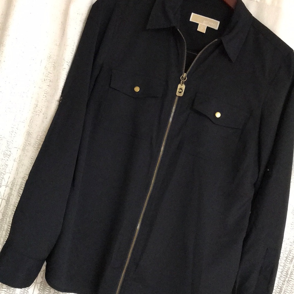 *MICHEAL KORS* Long Sleeve Zip Blouse Top Navy M - Picture 7 of 9